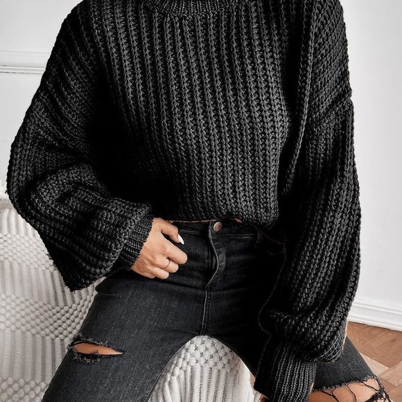 Black Casual Womens Turtleneck Drop Shoulder Ribbed Knit Sweater - Picture 4 of 5